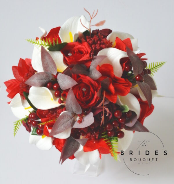 winter wedding bridal bouquet red burgundy theme