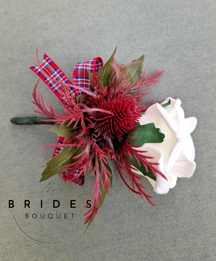 burgundy deep red thistle and rose scottish wedding buttonholes tartan ribbon thistle and rose wedding buttonholes red burgundy scottish wedding dlowers