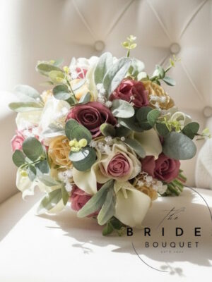 Silk and faux rose wedding bouquet with calla lily and natural look foliage