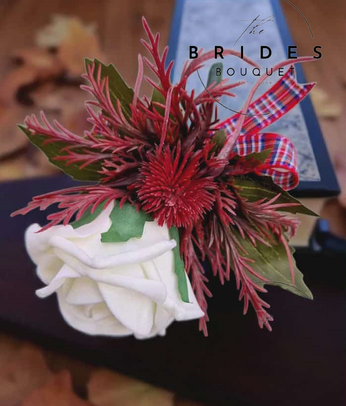 red thistle and rose wedding corsage tartan scottish thistles buttonholes weddings