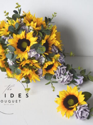 silk sunflower wedding bouquet with grooms buttonhole