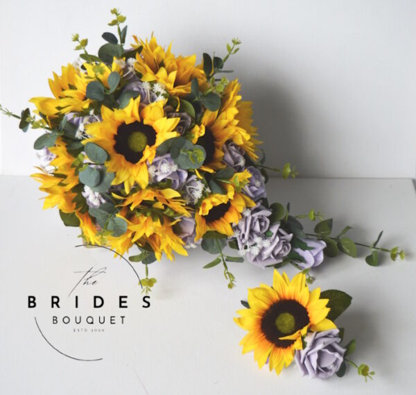 silk sunflower wedding bouquet with grooms buttonhole