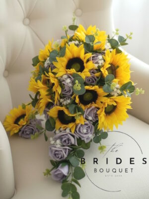 ssunflower bridal teardrop bouquet and buttonhole