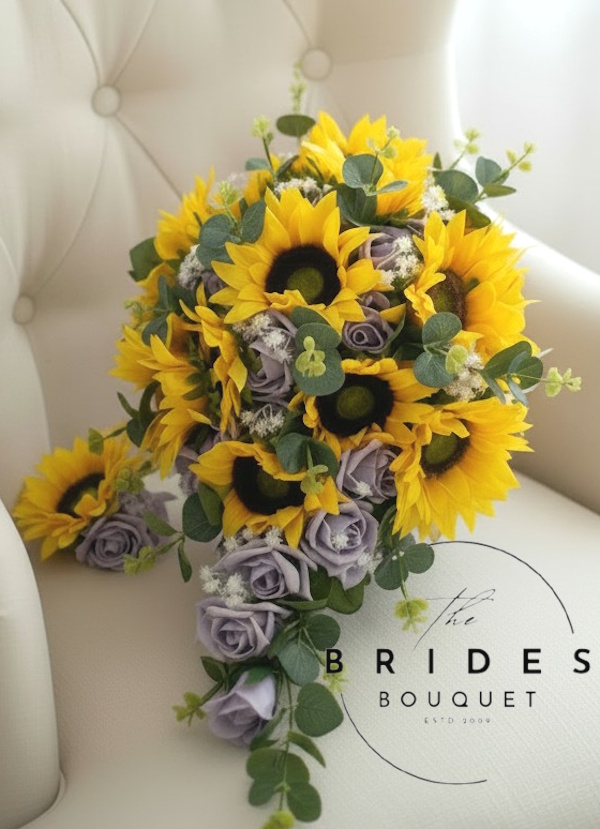 sunflower and rose wedding flower set teardrop bouquet with matching grooms buttonhole ssunflower bridal teardrop bouquet and buttonhole