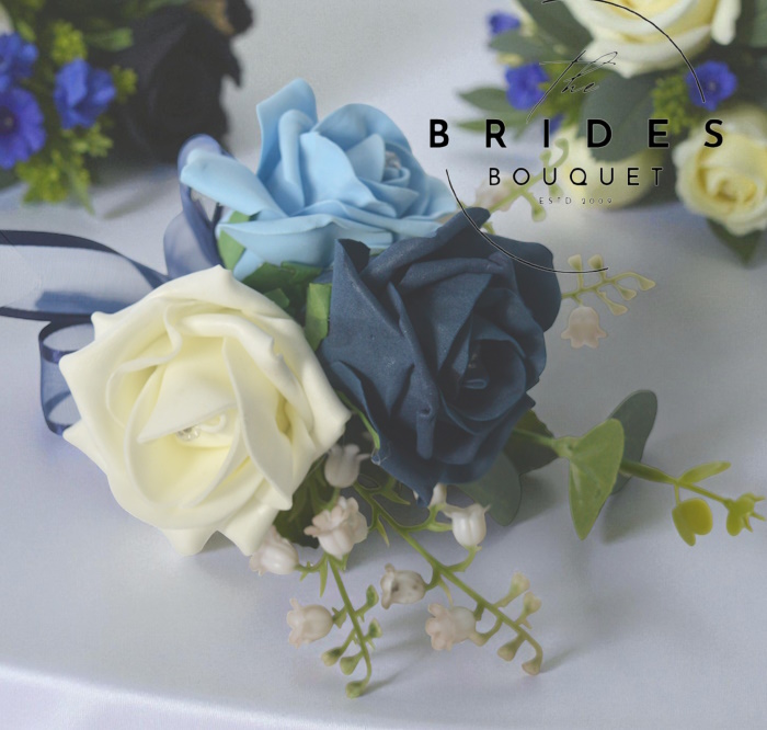 triple rose and lily of the valley wedding corsage Triple Rose Wedding Buttonhole with Lily of the Valley or Bluebells