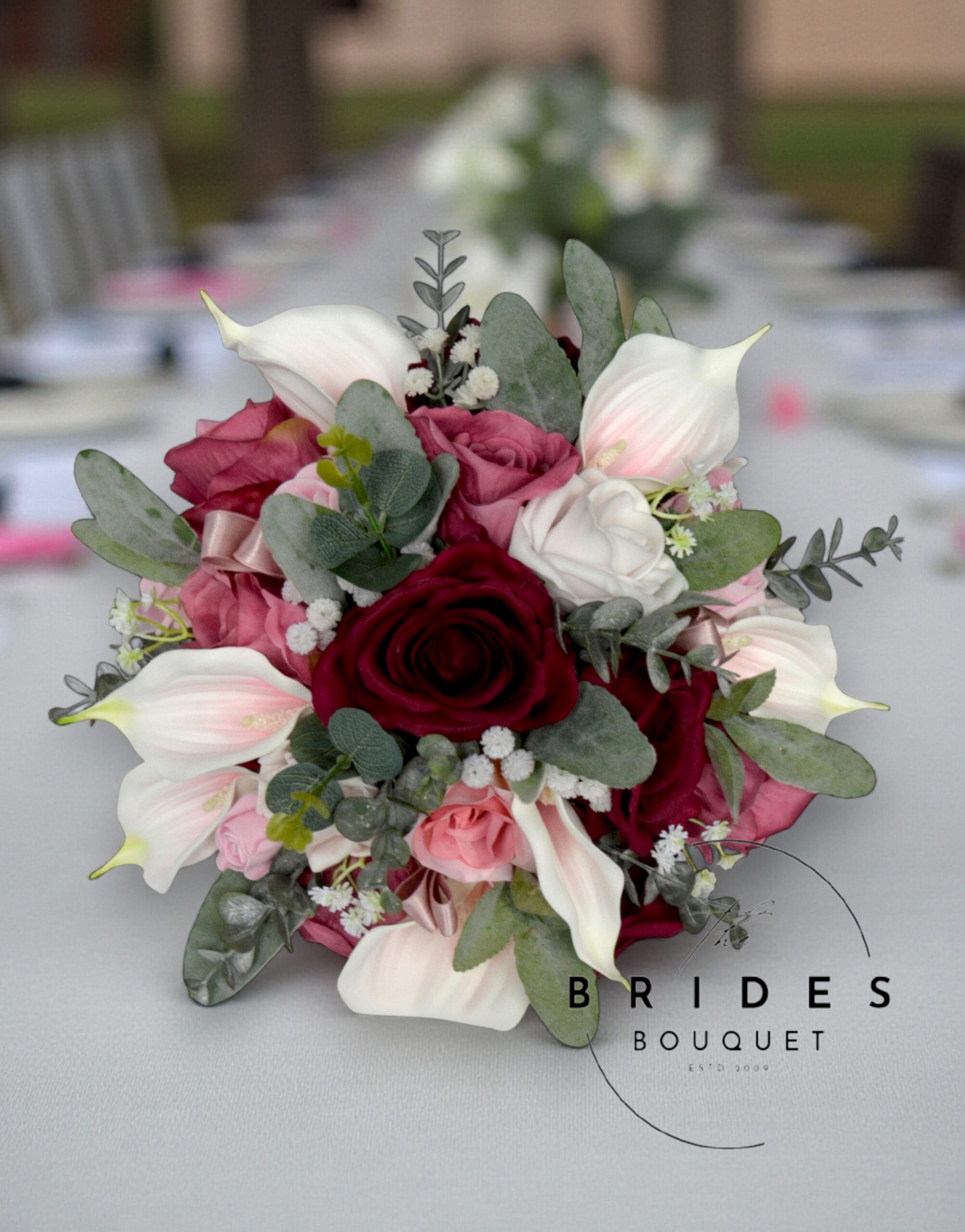 bridal bouquet in burgundy and pink tones silk roses calla lily ready to ship natural look Burgundy and blush bridal bouquet – ready to ship silk wedding flowers