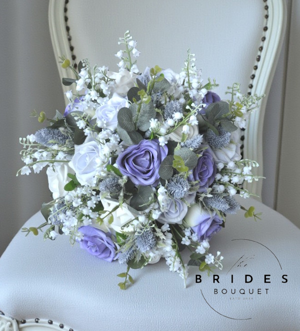 wedding bouquet of silk natural look flowers in lilac lavender shades with lily of the valley thistles and eucalyptus ready to ship lavender lilac wedding bouquet with roses and thistles