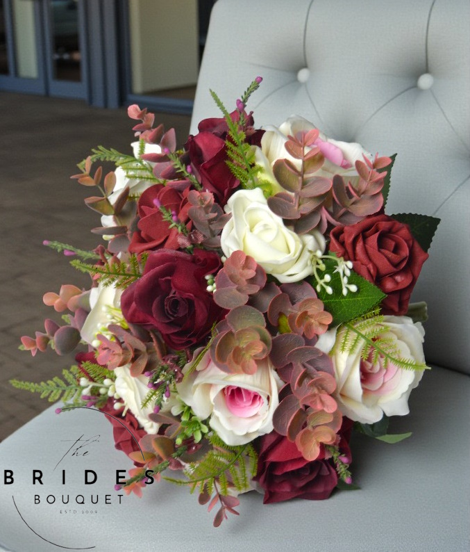 BURGUNDY AND BLUSH PINK SILK ROSE WITH FOLIAGE READY TO SHIP WEDDING FLOWER BOUQUET ready-to-ship burgundy and blush rose & heather bridal bouquet, beautifully arranged for your wedding day.