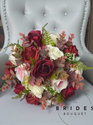 Burgundy and blush rose & heather bridal bouquet full view with eucalyptus and foliage