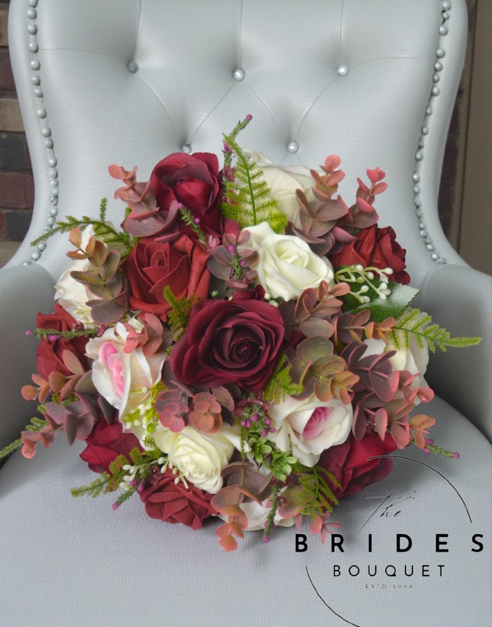 BURGUNDY ROSE BRIDAL BOUQUET READY TO SHIP (1) Burgundy and blush rose & heather bridal bouquet full view with eucalyptus and foliage