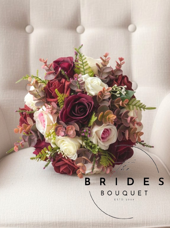 burgundy and blush silk rose wedding bouquet natural look pre finished ready to ship brides flowers uk