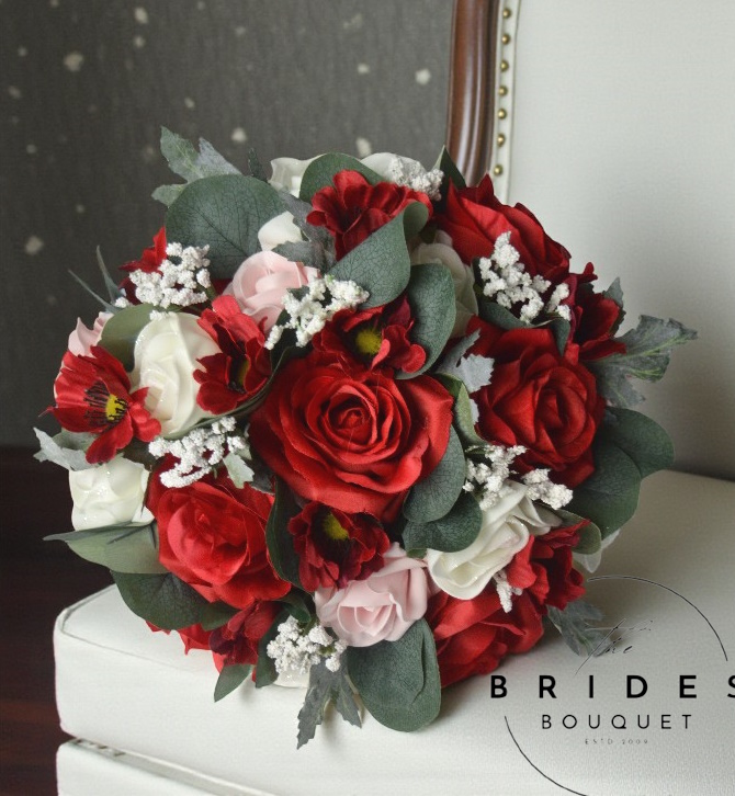 red and pink silk rose wedding bouquet artificial bridal flowers with eucalyptus (1) Red silk rose wedding bouquet with pink and ivory glitter accents, ribbon-wrapped handle