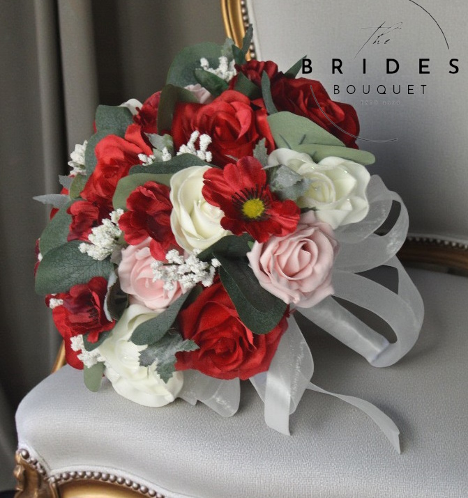 red pink artificial silk wedding bouquet ready to ship brides flowers with gyp and anemone and roses (1)