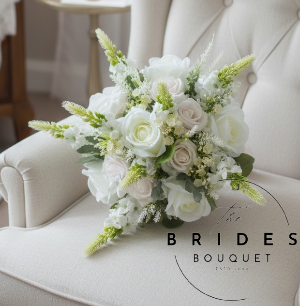 bridal bouquets of silk delphinium and roses in any colours