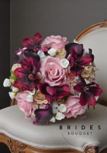 ready to ship wedding bouquet of silk flowers roses calla lily and clematis in rich tones for bride to be