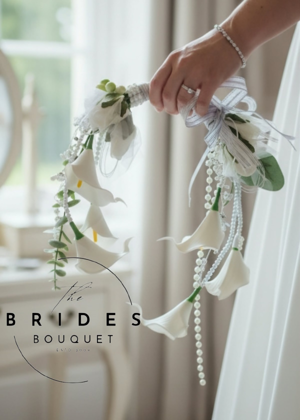 modern calla lily wedding bouquet with pearls and diamante ready to ship modern calla lily and pearl wedding bouquet with draping pearls