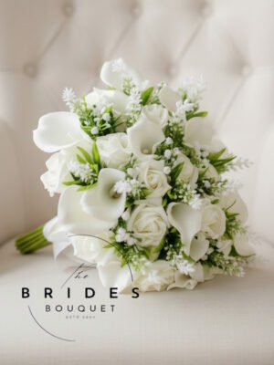 Modern bridal bouquet with calla lily and roses
