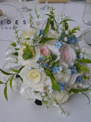 Ready to Ship silk bridal bouquet with blush pink and ivory roses, forget-me-nots, lily of the valley, and foliage