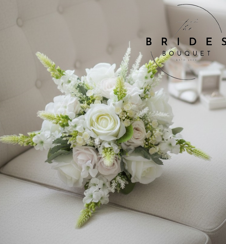 silk rose and delphnium wedding bouquet of artificial flowers by the brides bouquet uk