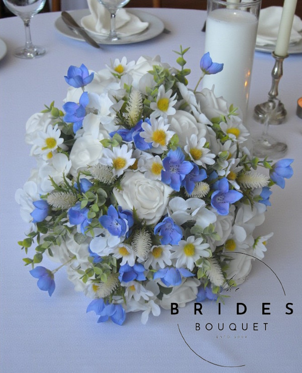 wildflower bridal bouquet of silk and faux flowers blue white daisy harebells Spring and summer wedding wildflower bridal bouquet artificial flowers