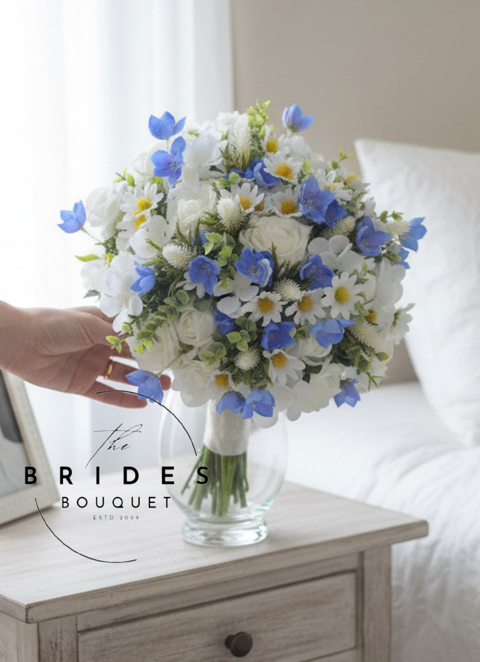 wildflower wedding bouquet artificial silk bridal flowers in blue and white for spring summer weddings