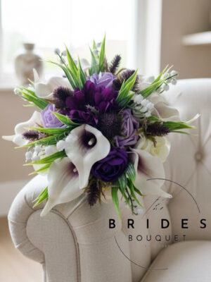 Scottish artificial wedding flowers bridesmaid bouquet with thistles, gerbera, roses, and calla lilies