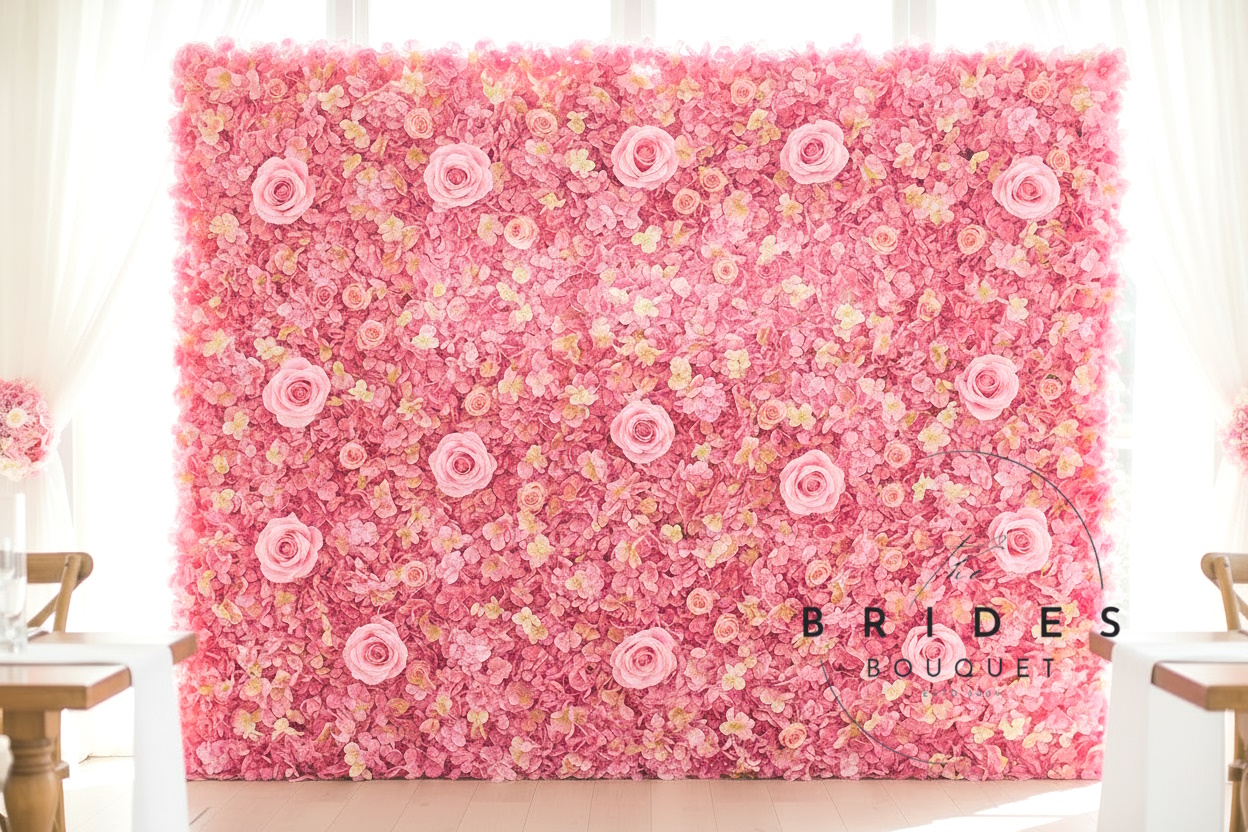 dusky pink rose and hydrangea silk flower wall example