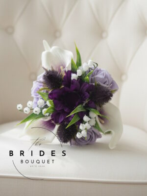 Scottish artificial wedding flowers flower girl bouquet with thistles, gerbera, roses, and calla lilies