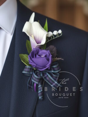 Scottish thistle buttonholes with rose, calla lily and lily of the valley
