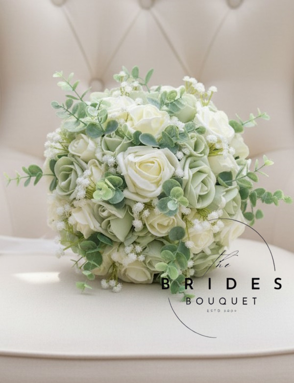 pale sage green and ivory rose boho bridal bouquet with gyp and eucalyptus artificial bridal flowers uk