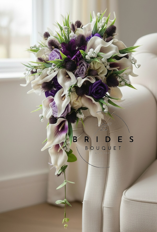 rose thistle calla lily and lily of the valley scottish bridal flower bouquets any colours artificial wedding flowers uk Scottish artificial wedding flowers thistle teardrop bridal bouquet with gerbera, roses, and calla lilies
