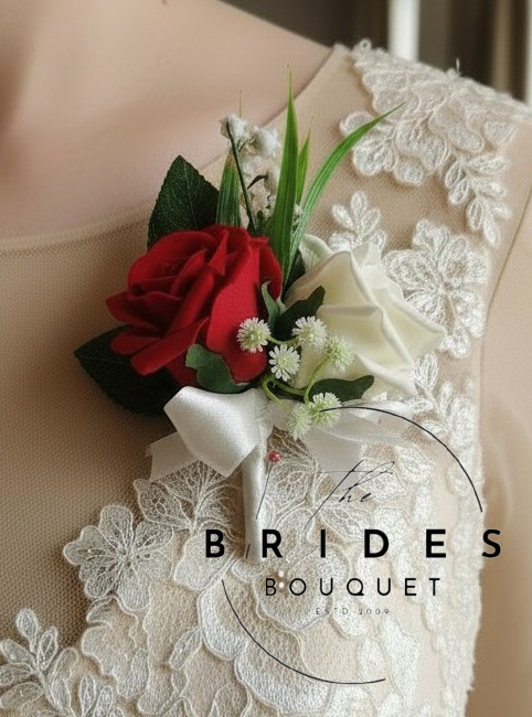 artifcial rose wedding buttonholes mother of the bride double rose with gyp and lily of the valley style any colours uk double rose corsage mother of the bride with lily of the valley artificial pin on wedding corsage in custom colours