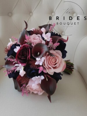 burgundy navy and dusty pink silk rose and calla lily wedding bouquet ready to ship hand-tied with navy ribbon