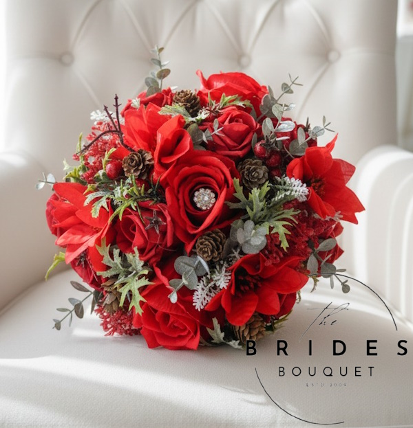 deep red winter rose and poinsettia christmas artificial bridal bouquet ready to ship deep red winter wedding bouquet roses poinsettia foliage ready to ship