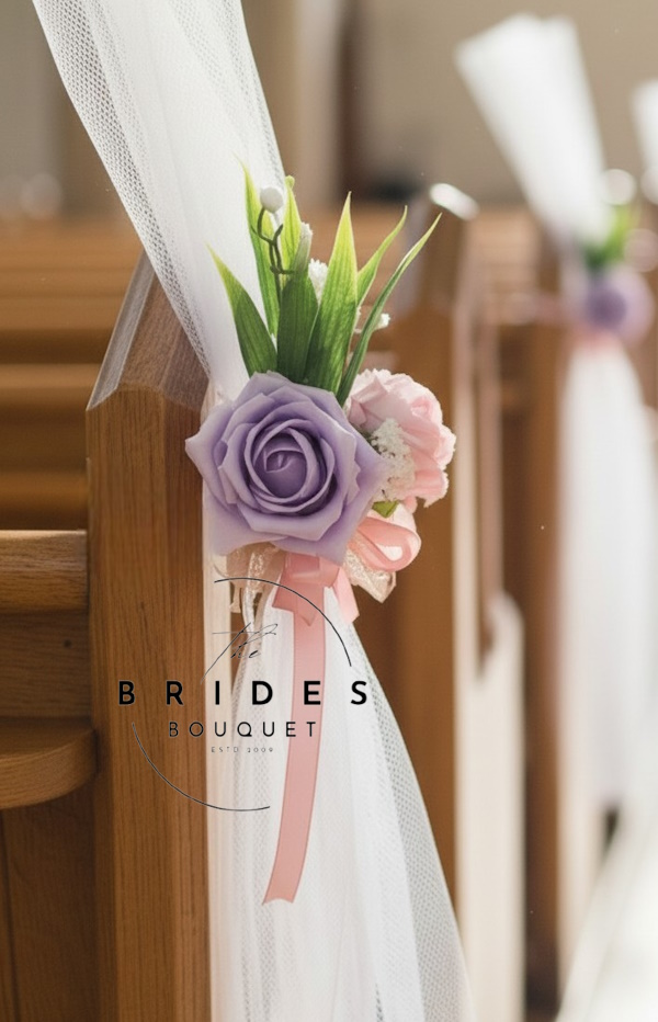 double rose pew end with lily of the valley and any colour rose and ribbon to match wedding theme artificial rose pew end aisle decoration with lily of the valley and gypsophila