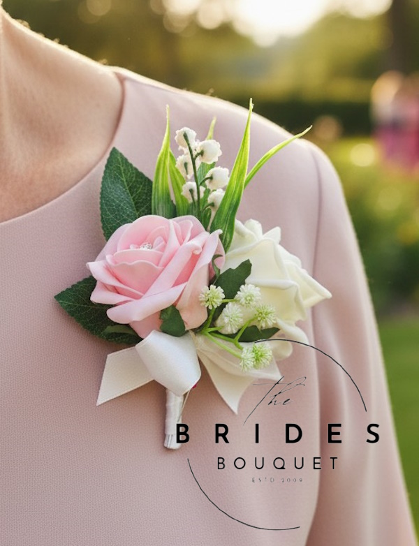 mother of the bride double rose buttonhole with lily of the valley and gypsophila any colours uk