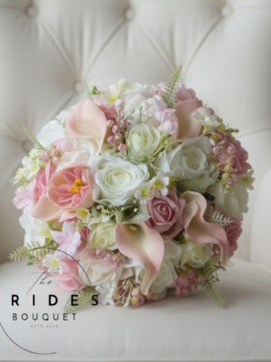 pastel pink bridal bouquet ready to ship with silk roses and blush calla lily