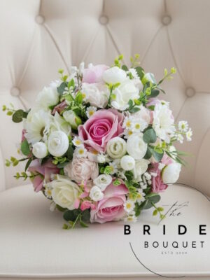 pink wedding bouquet ready to ship with roses carnations and gerberas hand tied ivory ribbon