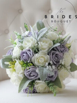 brides bouquet of faux roses with realistic foliage bridal flowers in pink fake roses felicity design