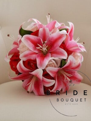 Bridesmaid bouquet with stargazer lilies and faux roses in personalised colours, ribbon and part-wrapped handle options