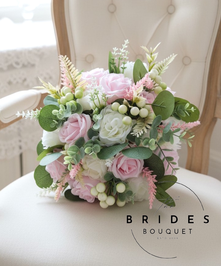 pastel pink silk rose wedding bouquet artificial bridal bouquet ready to ship natural look pink silk wedding bouquet with pastel pink and ivory roses hand-tied with foliage heather and berries ready to ship