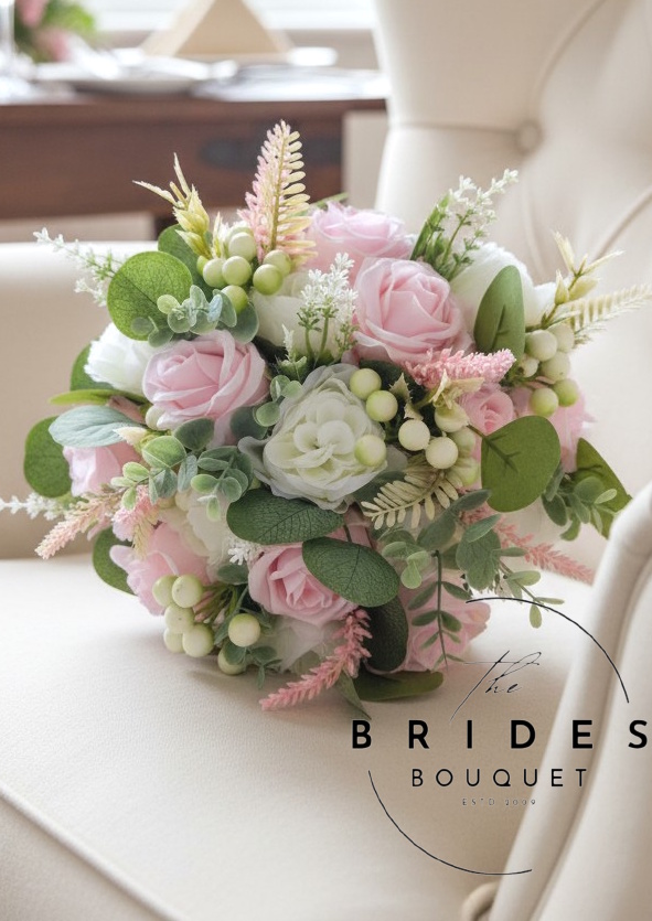 pink silk rose wedding bouquet ready to ship pink silk wedding bouquet with pastel pink and ivory roses hand-tied with foliage heather and berries ready to ship