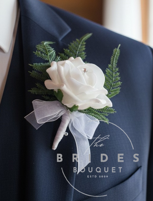 white rose grooms buttonhole artificial wedding corsage for guests partner fathers