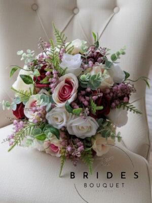 Pink and burgundy silk wedding bouquet with ivory roses burgundy roses dusky pink lily of the valley and natural foliage ready for fast delivery one-off bridal bouquet
