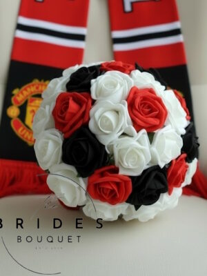 Artificial football team colour wedding bouquet with faux roses in personalised club colours, handmade bridal flowers UK Manchester Utd example