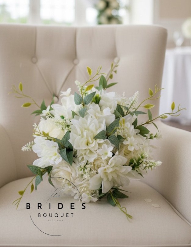 ivory silk dahlia and rose wedding bouquet ready to ship Ivory silk wedding bouquet ready to ship bridal posy roses dahlia foliage UK