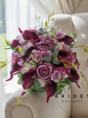 mauve and wine artificial wedding bouquet ready to ship