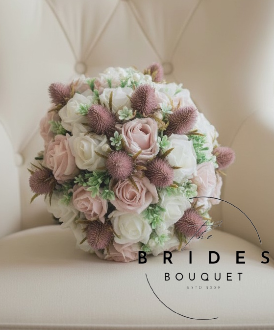 pink scottish thistle and rose wedding flowers uk Pink Scottish thistle wedding flowers with roses in handmade bridal bouquets and matching wedding flower arrangements