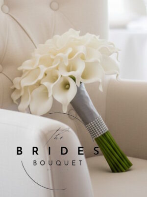 Real touch calla lily bridal bouquet UK handmade wedding flowers in chosen colour with ribbon handle and diamante detail