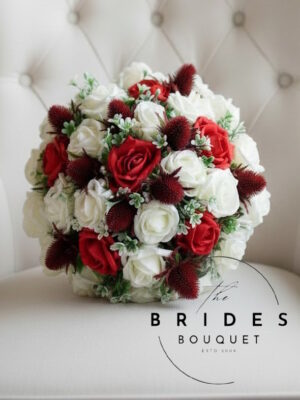 Red thistle wedding flowers with artificial roses handmade Scottish bridal bouquet collection